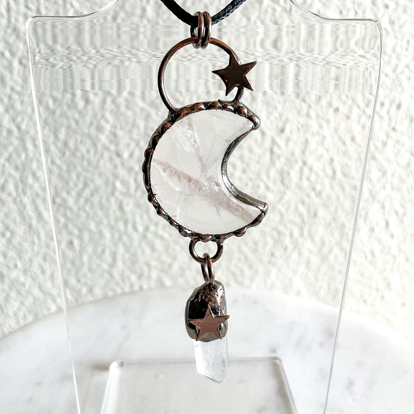 Rose Quartz + Copper Moon Pendant - B