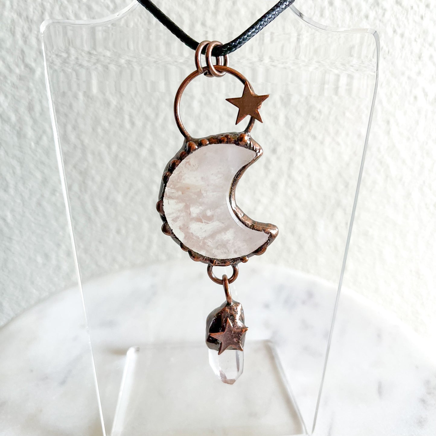 Rose Quartz + Copper Moon Pendant - A