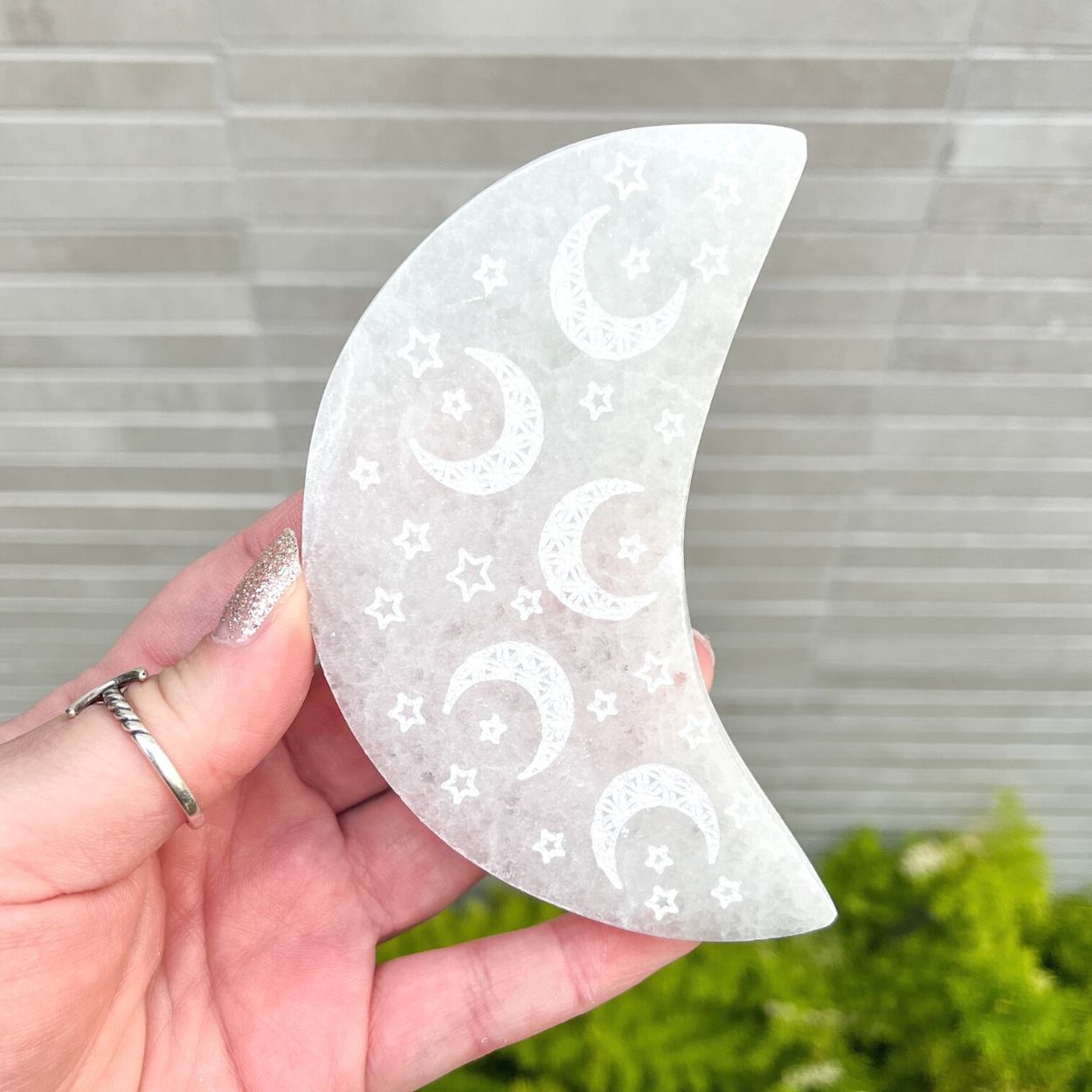 Etched Selenite Crescent Moon