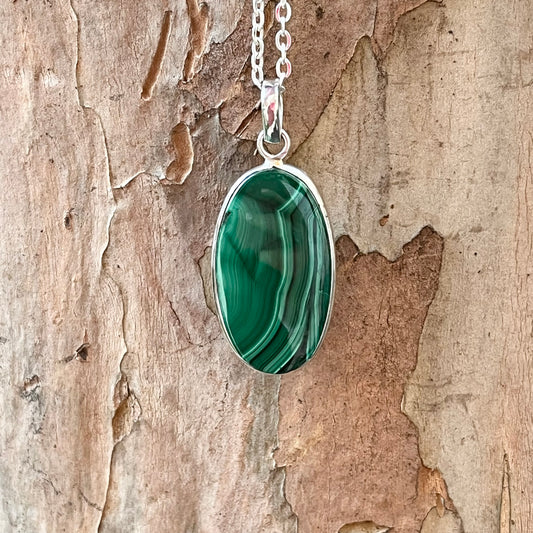 Malachite + Sterling Silver Pendant - H