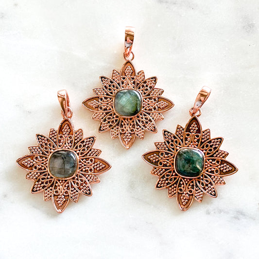 Labradorite + Copper Floral Pendant