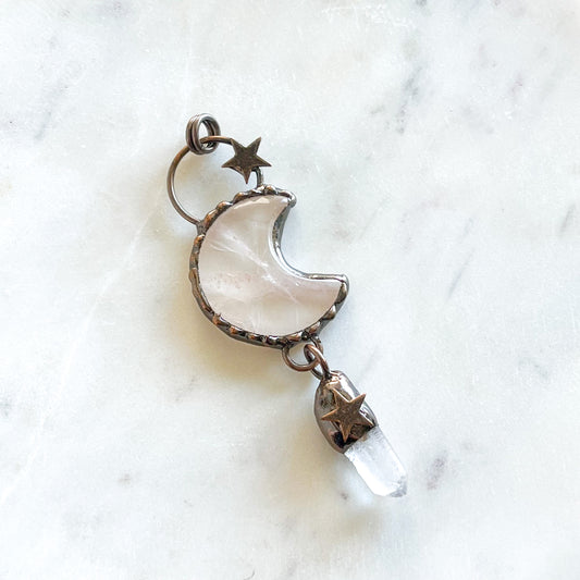 Rose Quartz + Copper Moon Pendant - B