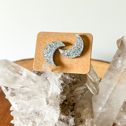 Crescent Moon Stud Earrings - Glitter